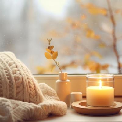 Cozy hygge scene with white sweater candles windowsill min2